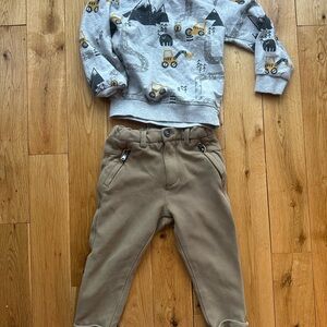 Zara Kids Boys 4T Skinny Khaki Pants Construction Vehicle Grey Sweatshirt Outfit